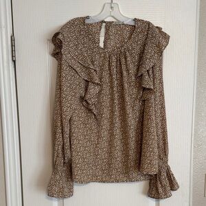Love Riche Brown Patterned Ruffle Blouse